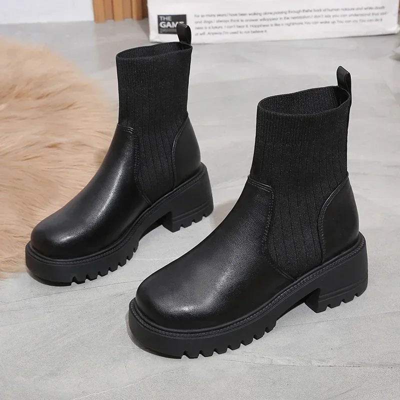 Autumn Winter Fashion Women Chelsea Boots Female PU Leather High Heels Boots Platform Shoes Ladies Knitted Sexy Ankle Boots 241030