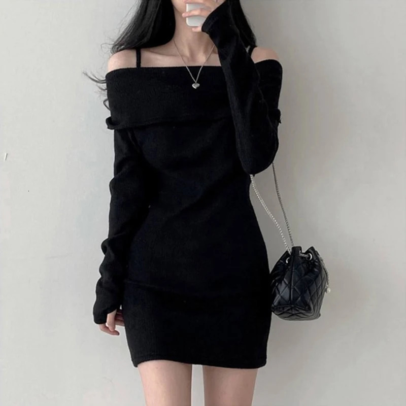 Y2K Women Knitted Mini Dress Korean Sexy Off Shoulder Female Dress Spring Spaghetti Strap Long Sleeve Ladies Vestidos 241031