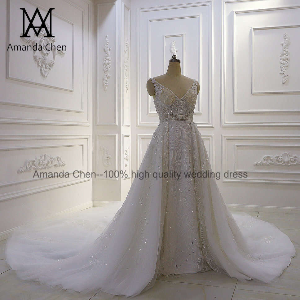 robe de soiree Cap Sleeve Beading Long Train Sheer Backless Wedding Dress
