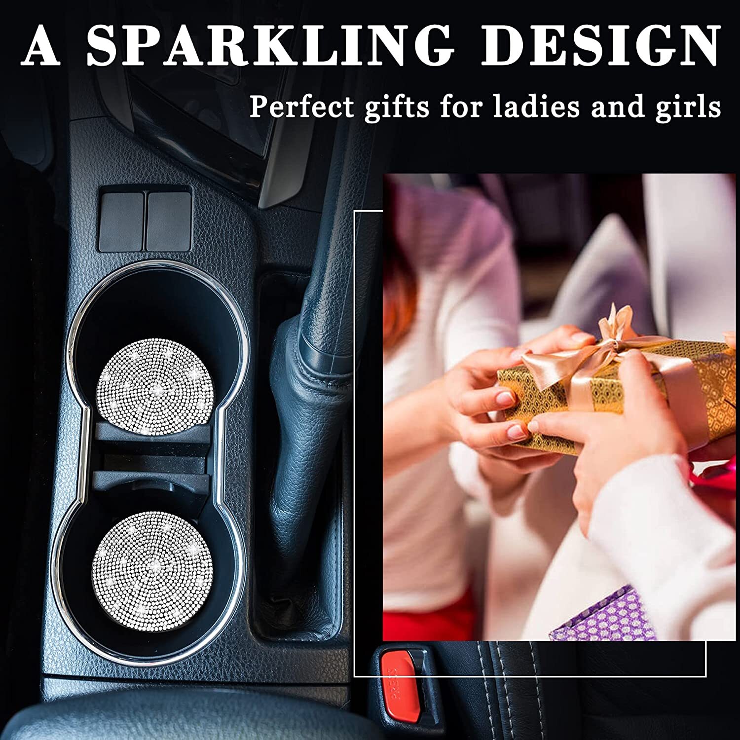 New 2Pcs Cute Bg Car Cup Holder Coaster Mat With Rhie For Women Girl Universal Anti Slip Automotive Interior Accessories