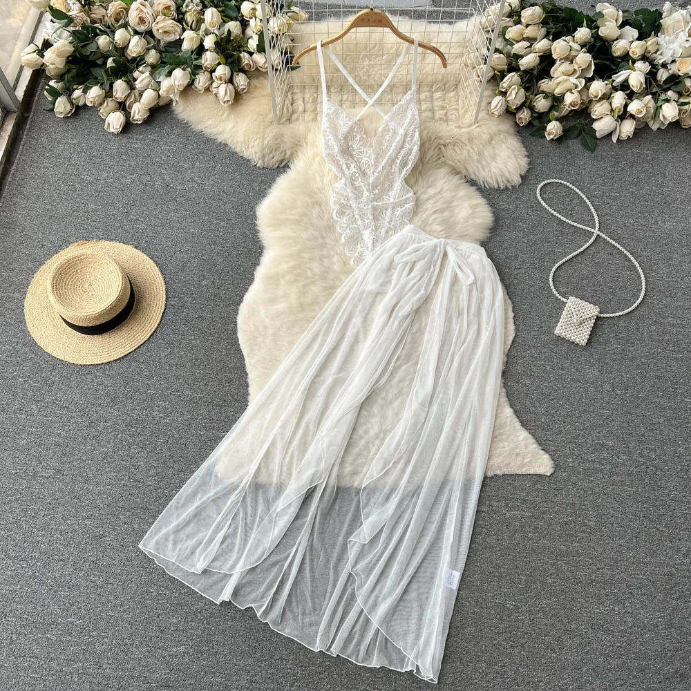 Womens Multicolour Transpar Sexy Charming Flowing Mesh Long Skirt With Girls V-neck Lace Hollowed out Flower Top Two Pieces Set 241031