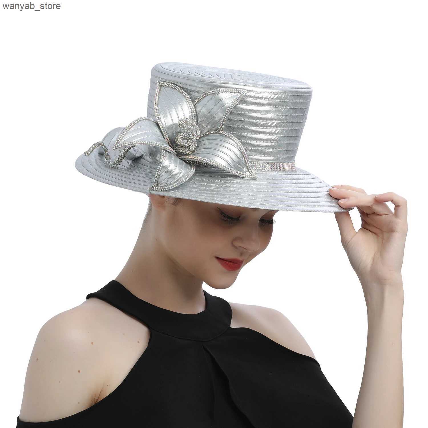 Stingy Brim Hats Fancy Silver Satin Cloth Church Hat Photography Hats Chains Fashion Formal Hat Flower Wedding Top Hat for Women Ladies Travel L240910