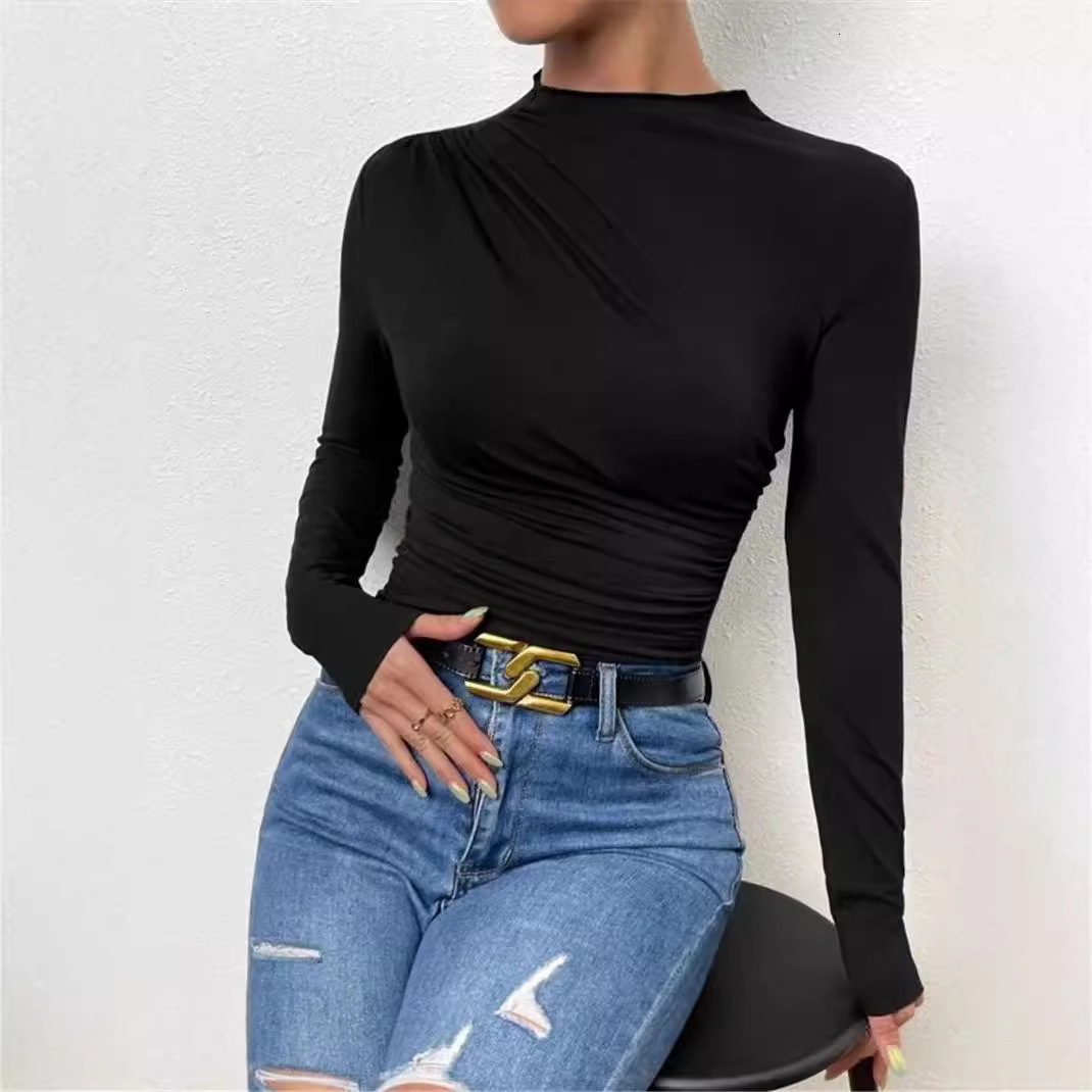Designer 2024 autumn/winter solid color temperament slim fit versatile pleated design sense long sleeved top T-shirt for women