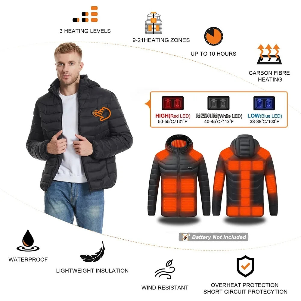USB mens heated jacket motorcycle jacket skiing camping winter 21 zones 241031