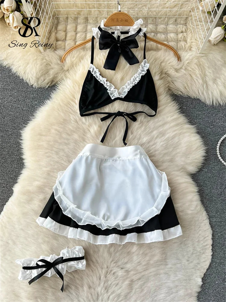 SINGREINY Maidservant Cosplay Porn Sexy Suits Women Halter Mini BraShort SkirtThongs Ruffles Sweet Lingerie Erotic Nightsuits 241031
