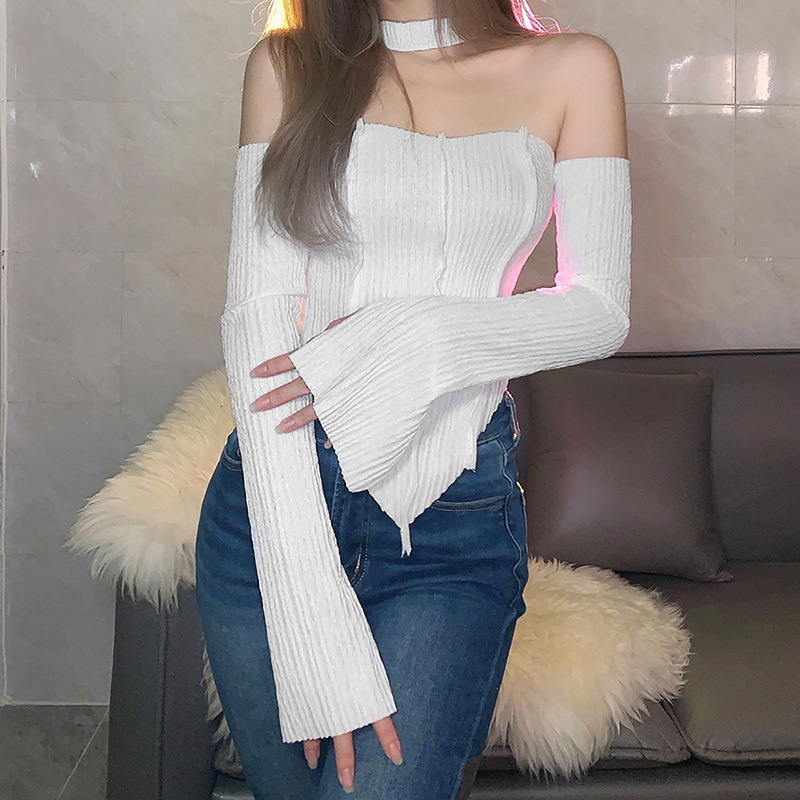 Designer Ins2024 Autumn/Winter New Women's Solid Color Personalized Design Chest Wrapped One Neck Off Shoulder Long Sleeve T-shirt