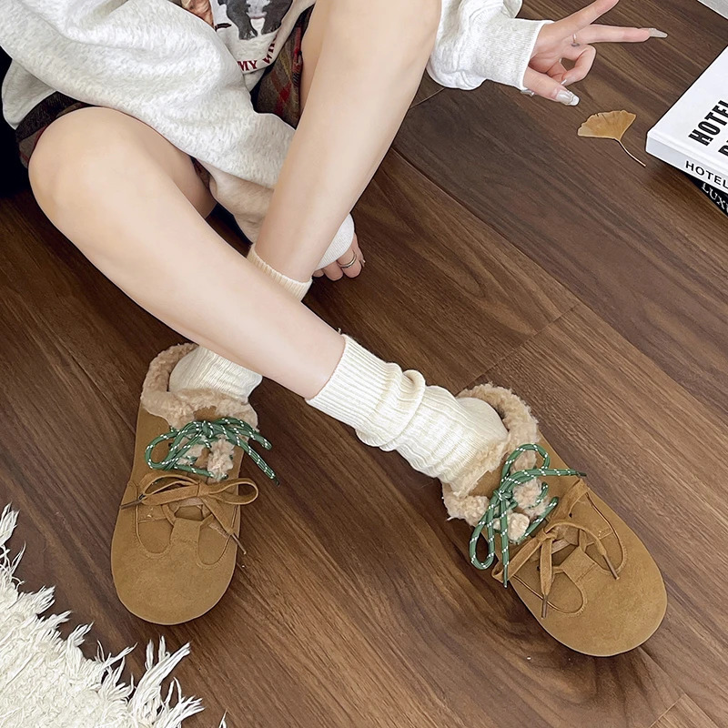 Aphixta Cow Suede Brown Slipper Furry Warm Women Mule Outside Plush Shoes Colorful Lace Up Slides chaussures femme zapatos mujer 241031