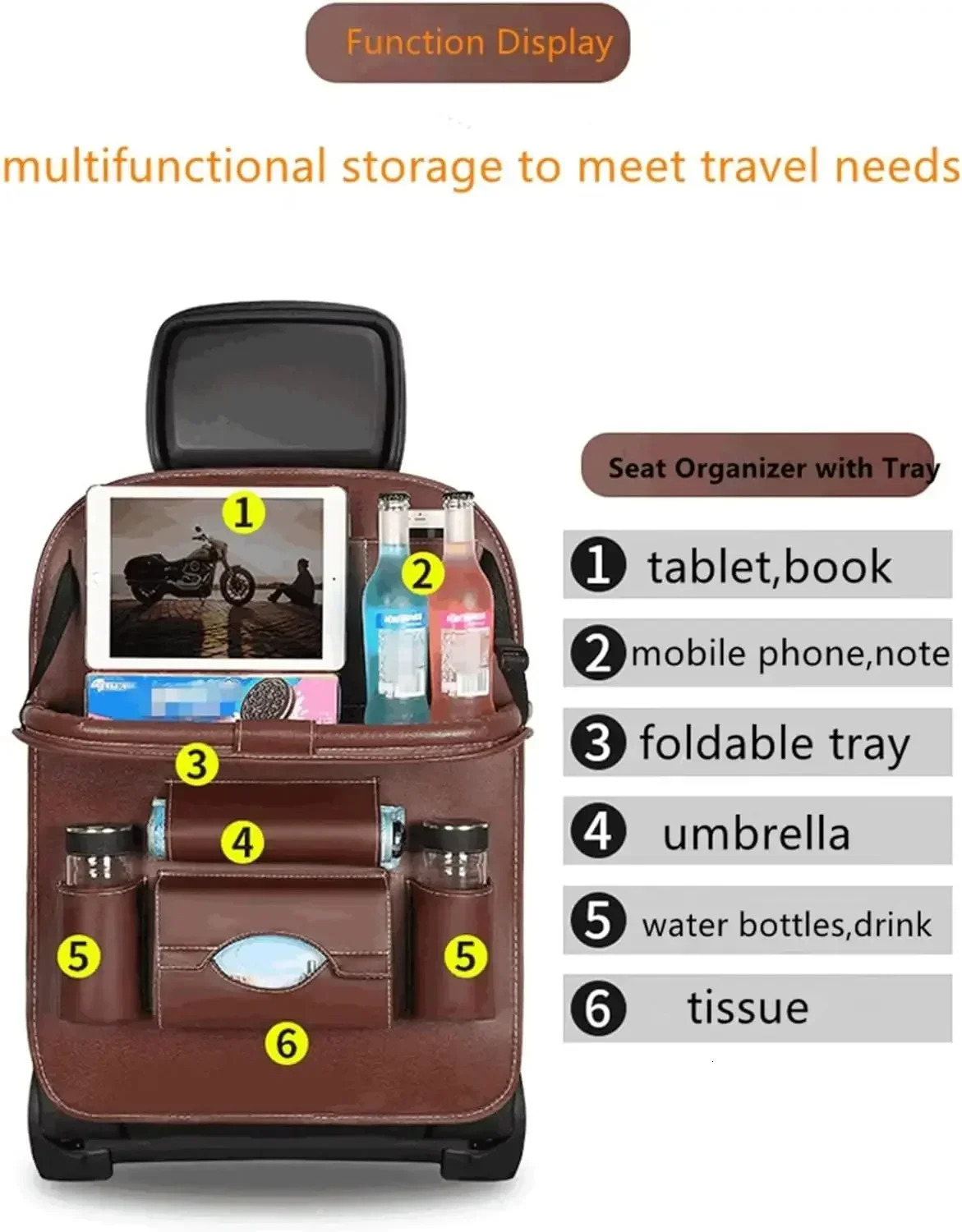 New 1Pcs Car Back Foldable Table Tray PU Leather Storage Organizer With Pockets Kick Mats Seat