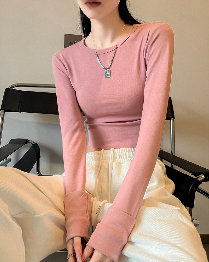 Dynamic girls in Europe and the United States Slim sexy long-sleeved T-shirt female round neck pullover sleeves ins open high waist short paragraph bl