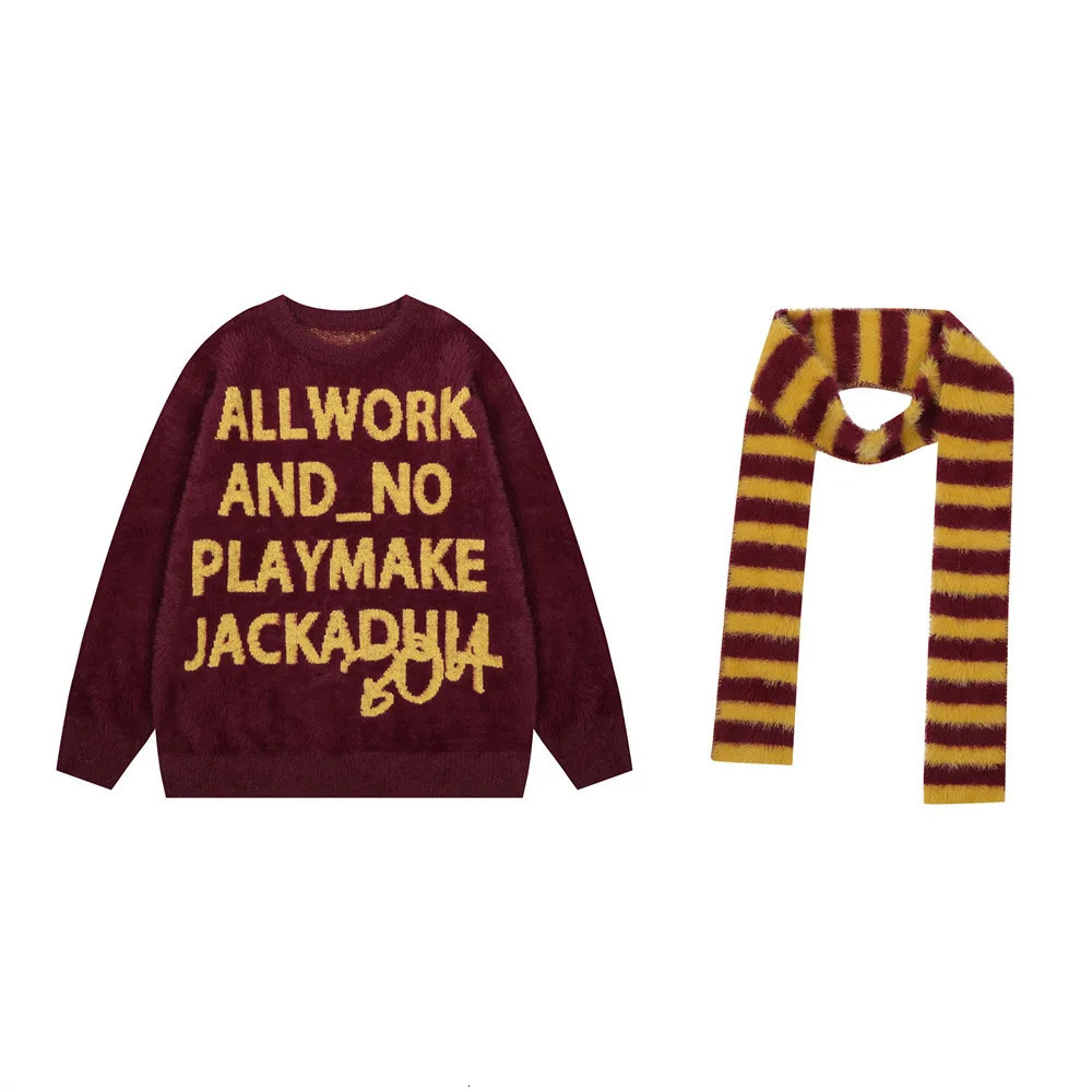 Autumn and Winter Thick Mink Letter Jacquard Round Neck Sweater with Scarf Mens Trendy Mohair Casual Knitted 241031