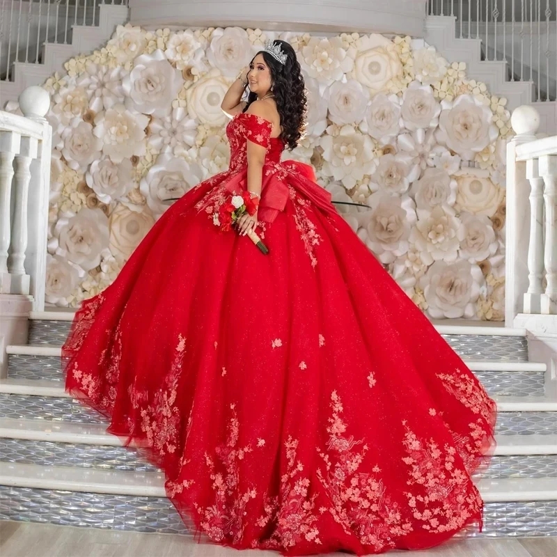 Red Shiny Quinceanera Dress Off The Shoulder Lace Applique Beading Tull Mexican Sweet 16 Birthday Party Dress Vestidos De XV 15 Anos