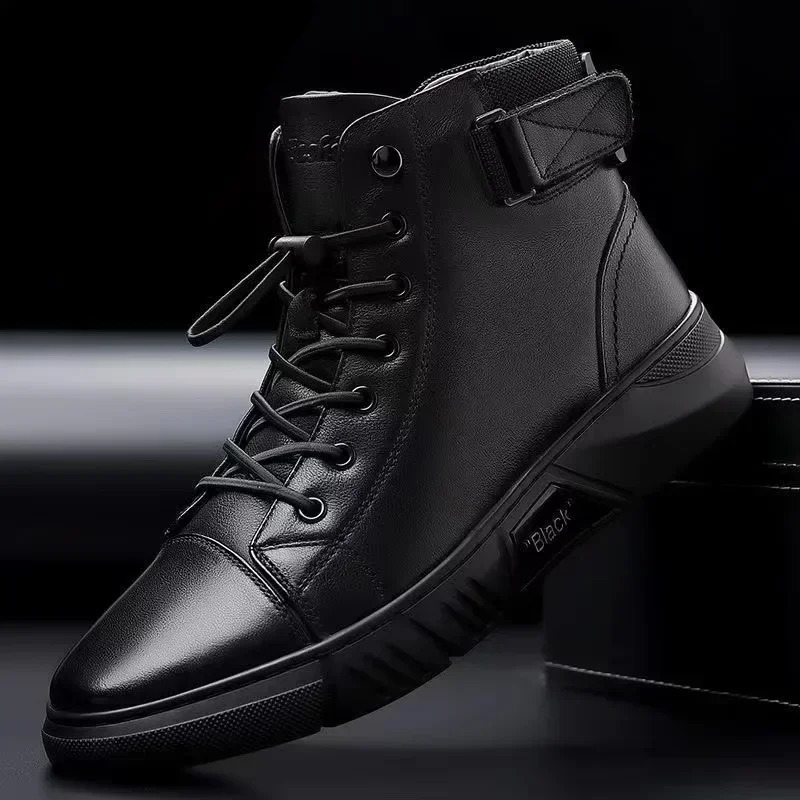 Mens Boots UK Leisure Platform Mens Leather Boots Black Motorcycle Boots Winter Comfortable and Warm Mens Ankle Shoes 241031