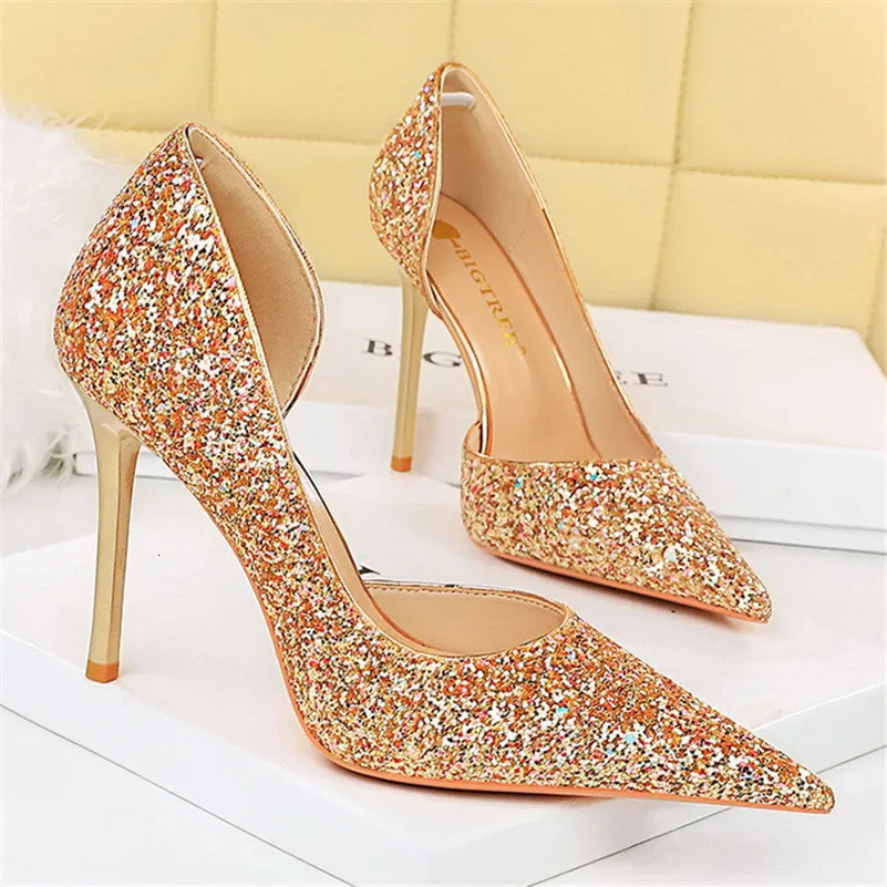 Women 7cm 10.5cm High Elegant Blue Pumps Sexy Sequins Bg Mid Heels Lady Scarpins Stiletto Sparkly Party Shoes 241030