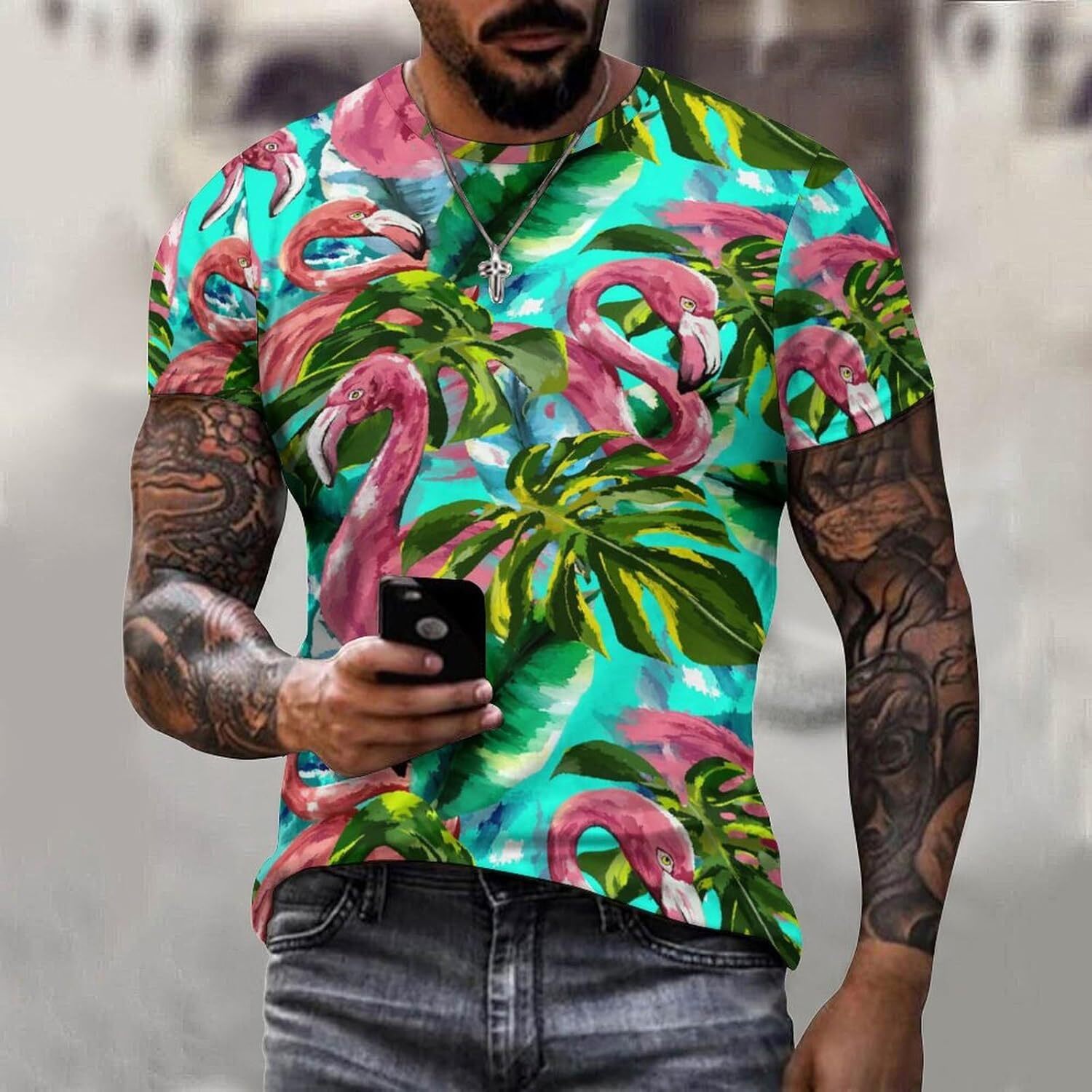 Mens T shirt Flamingo Summer Tropical Flower Cotton T-Shirt 3D Printed Casual Shirt Men's Crew Neck T-Shirt tee Casual tops summer clothes