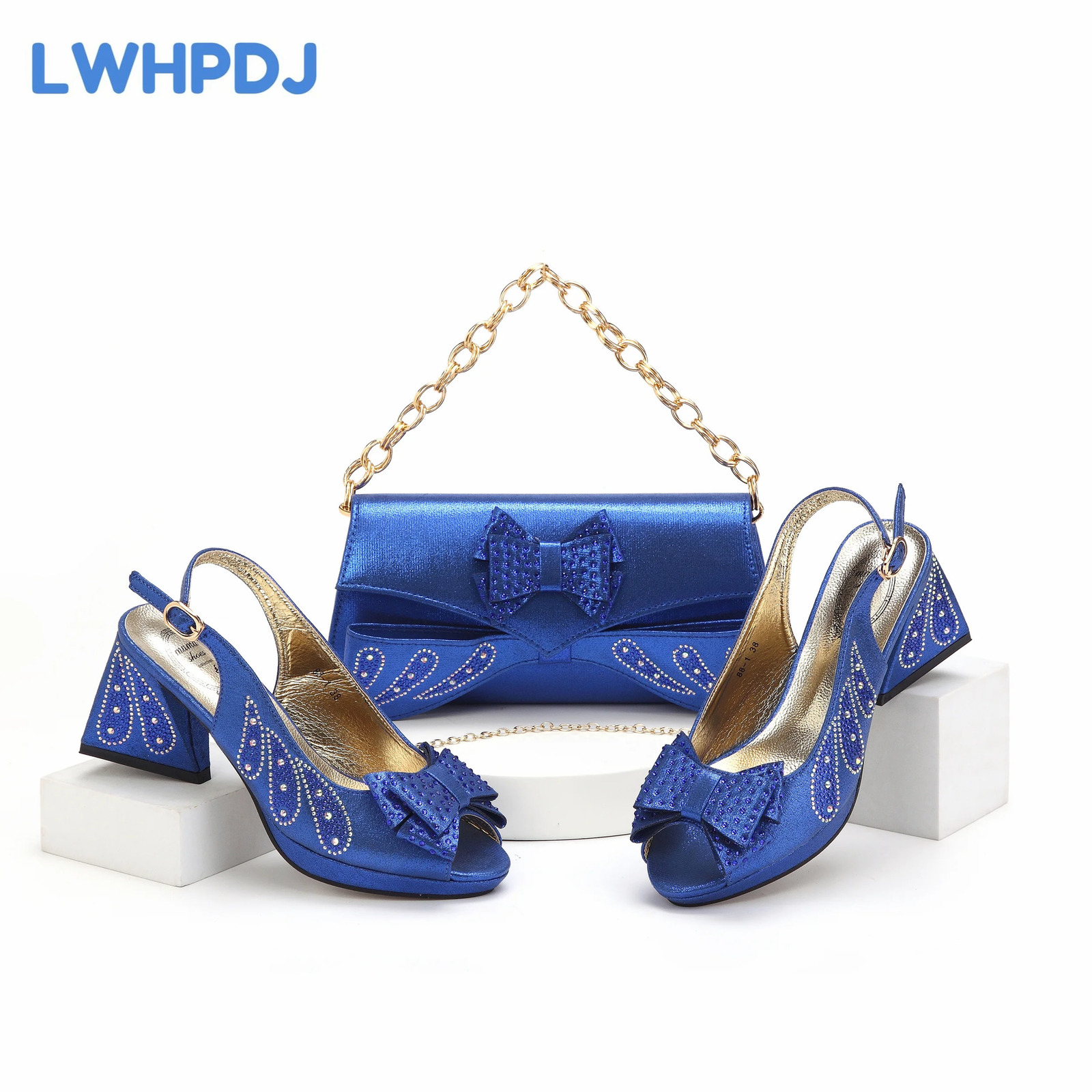 Royal Blue African Women Shoes and Bag Set Peep Toe Sandals with Shinning Crystal for Wedding Party 241030