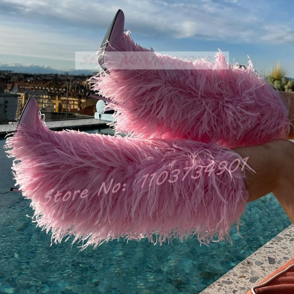 Pink Fluffy Furry Knee Length Female Sweet Pointy Toe Fur Winter Thin High Heels Boots Women Party Fashion Elegant Shoes