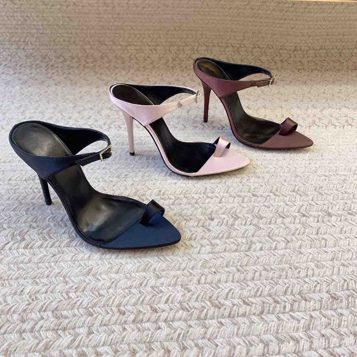 2023 New Mules Pointed Toe Slippers Silk Genuine Leather Rhies Buckle Women Shoes Sexy High Heels Atos De Mujer