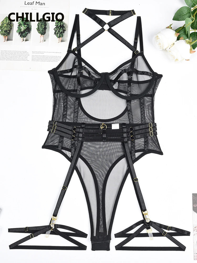 CHILLGIO Women Sexy Transparent Mesh Rompers Erotic One Piece Catsuits Ins Sleepwear Fashion Combination Tight Strappy Bodysuits 241031