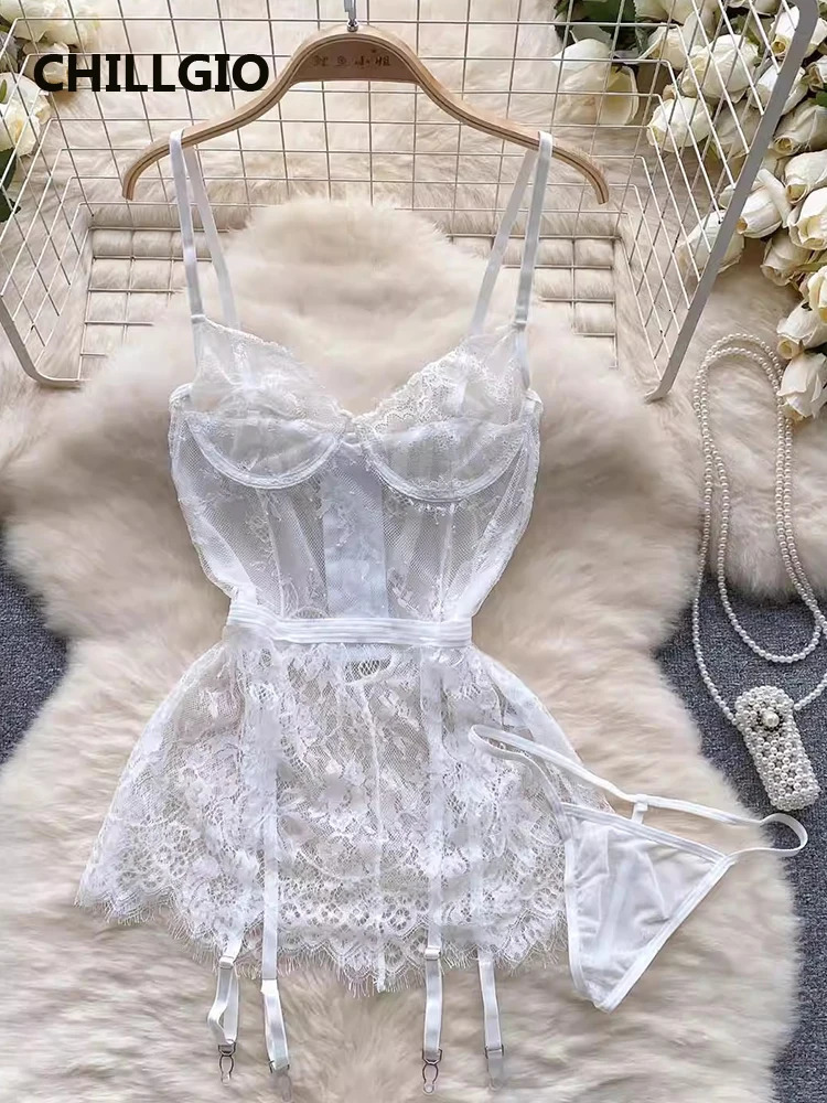 CHILLGIO Women Sexy Transparent Lace Spaghetti Strap Pajamas Dress Push Up Nightie Fashion Erotic Sleepwear Floral Nightgowns 241031