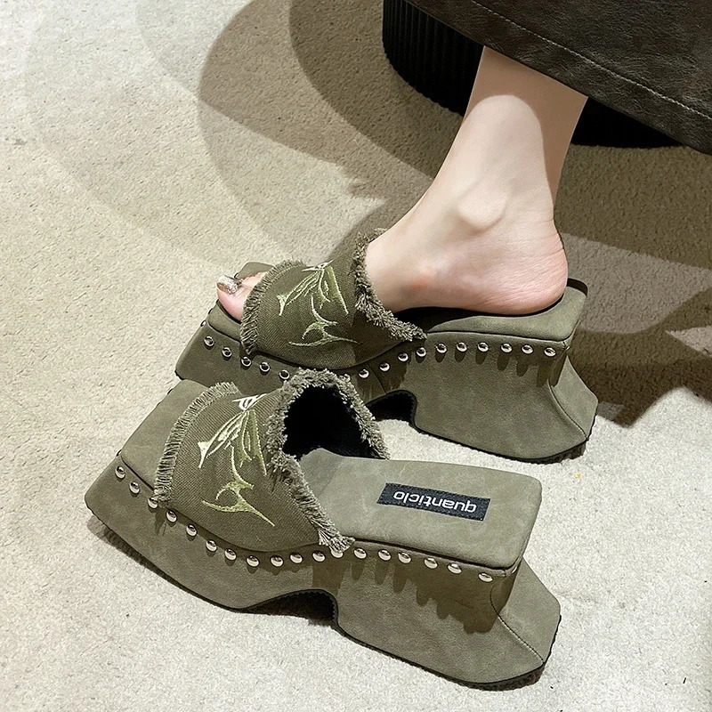 2024 Goth Platform Sandals For Women Denim Butterfly Fashion Metal Fashion Rivet Slip On Punk Sandal Shoes Summer 241031