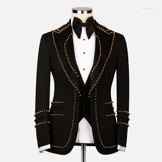 Men's Suits Luxury Groom Tuxedo Pearls Blazer 2PCS Jacket Pants Formal Business Party Suit