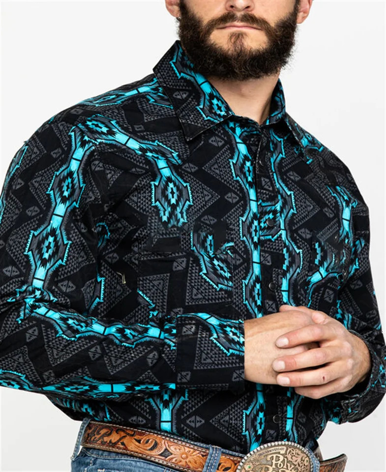 Western tribal shirt denim mens casual outdoor party HD pattern button soft and comfortable lapel shirt long sleeved T-shirt 241030