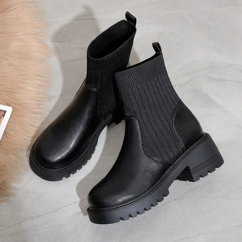 Autumn Winter Fashion Women Chelsea Boots Female PU Leather High Heels Boots Platform Shoes Ladies Knitted Sexy Ankle Boots 241030
