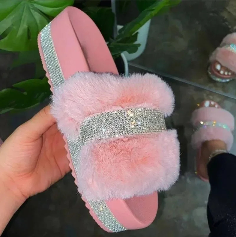 Womens leisure slide fashionable rhinestone velvet platform flat outdoor comfortable indoor womens slide Chinelo Nuvem 241031