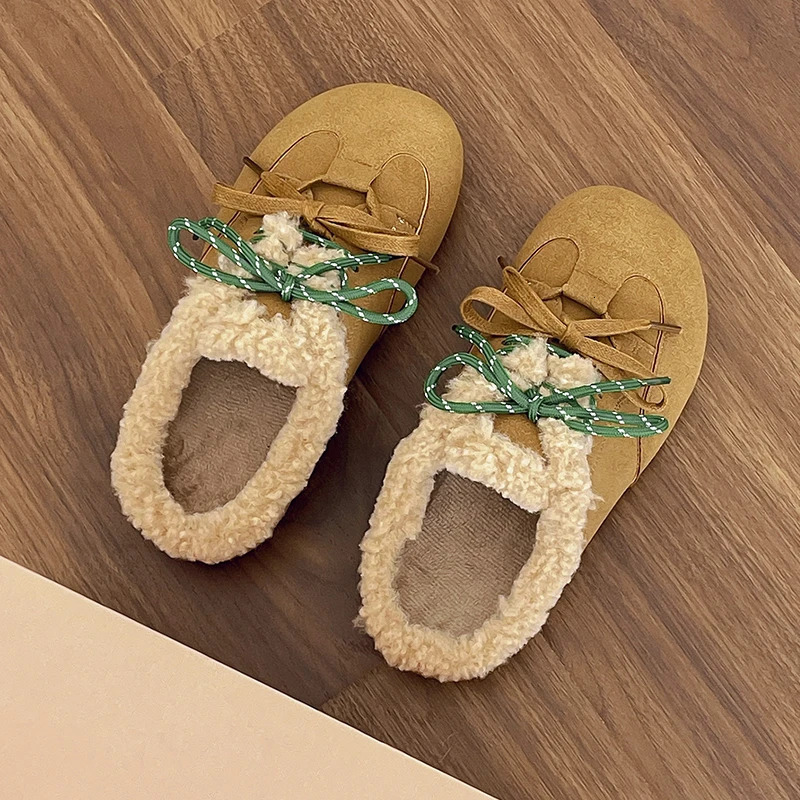 Aphixta Cow Suede Brown Slipper Furry Warm Women Mule Outside Plush Shoes Colorful Lace Up Slides chaussures femme zapatos mujer 241031