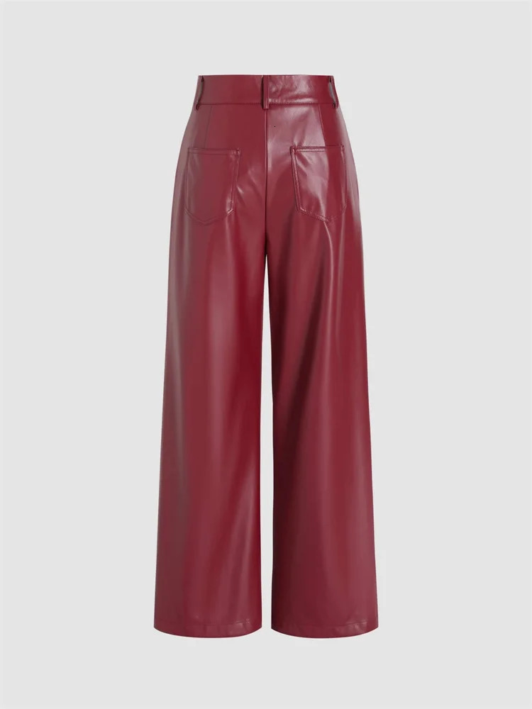 Women High Waist Matte Leather Straight Pants Casual Loose Trousers With Pocket Vintage Burgundy PU Pants Party Cutstom Clubwear 241031