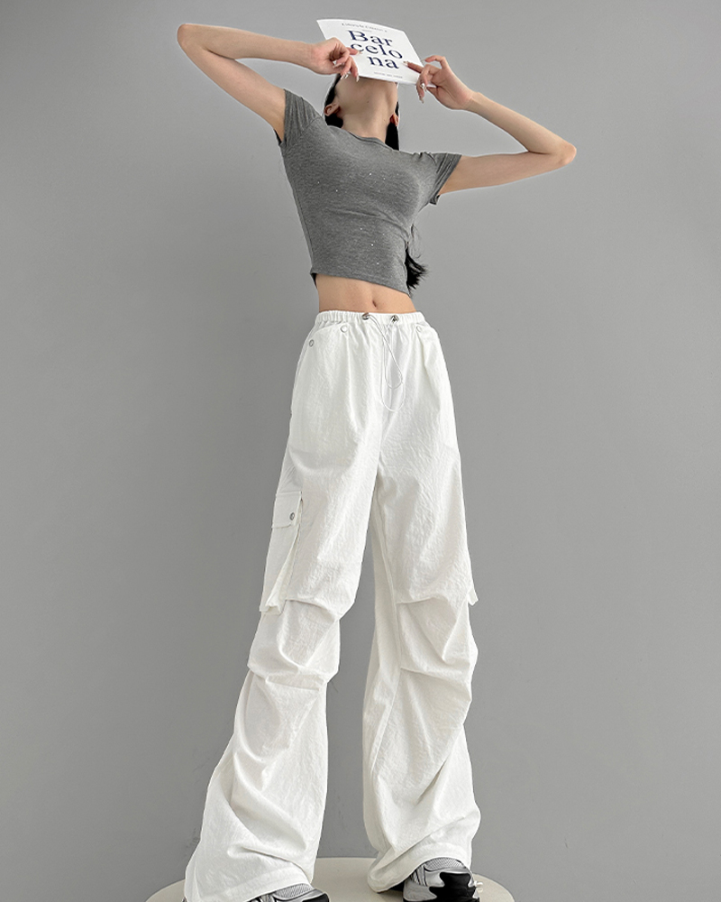 High Street drawstring work trousers women autumn thin section loose ins trend sweet cool wind straight leg drawstring casual trousers