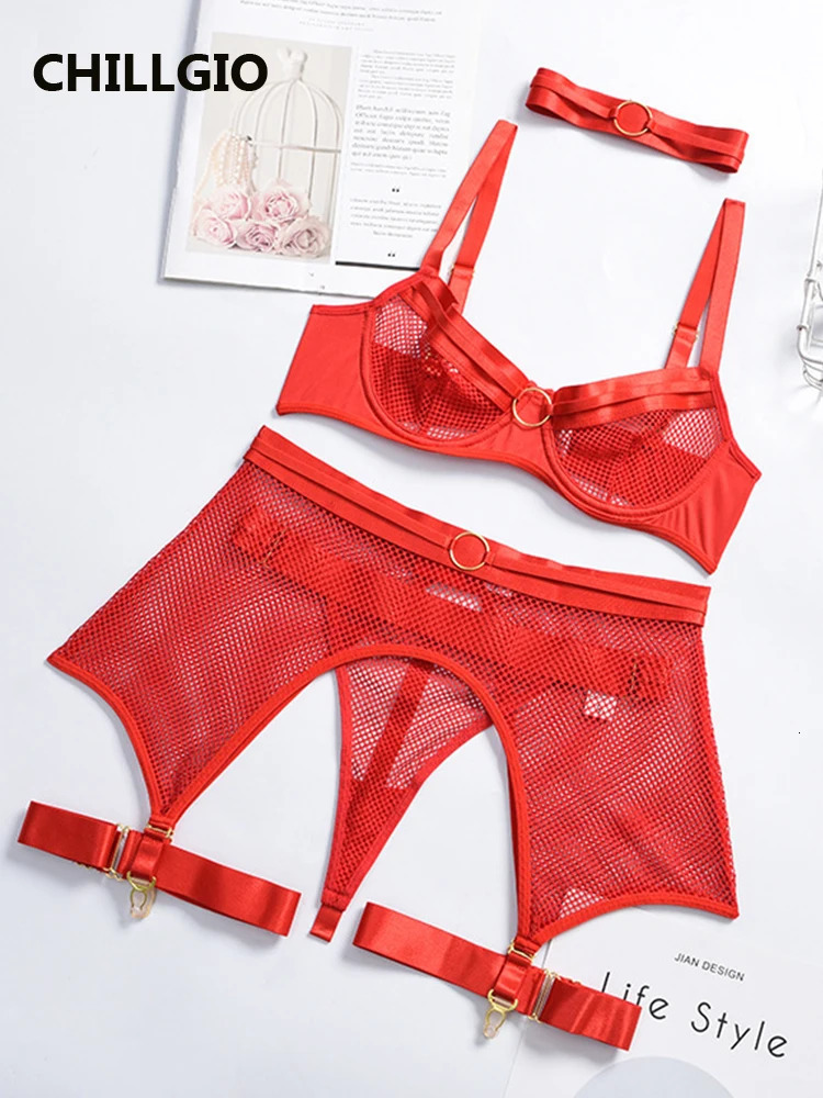 CHILLGIO Women Mesh Sexy Hollow Bra Brief Suits Push Up Erotic Intimate Underwear Fashion 4 Piece Solid Transparent Lingerie Set 241031