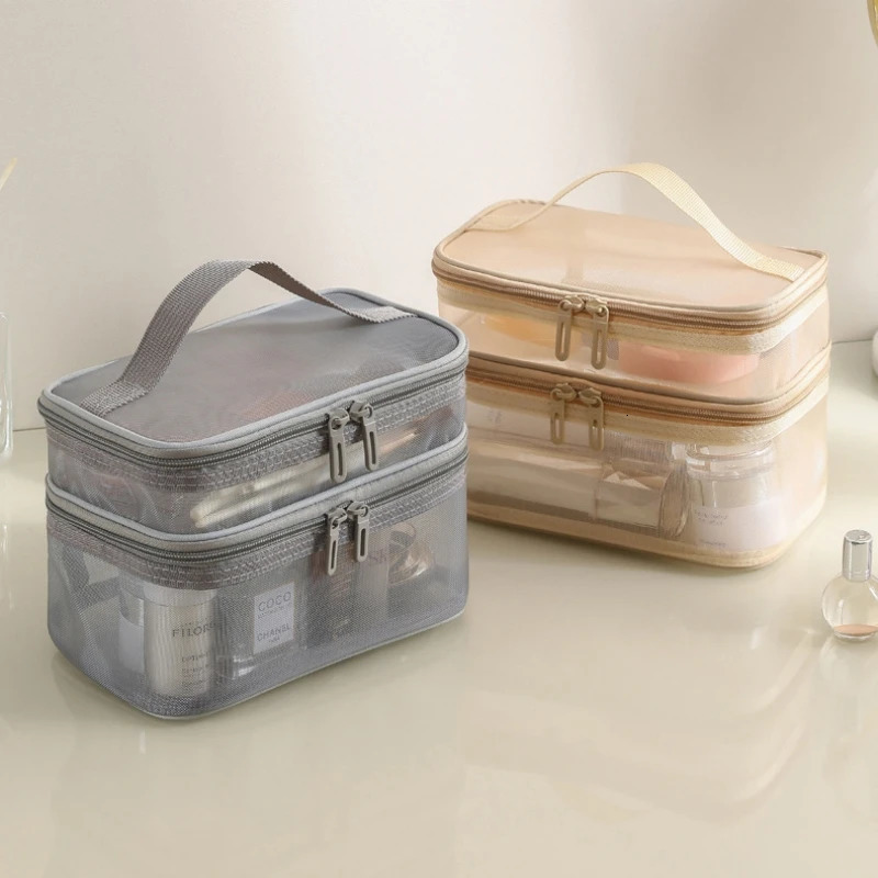 Double layer mesh makeup bag womens portable makeup bag large capacity travel zipper makeup bag 241031