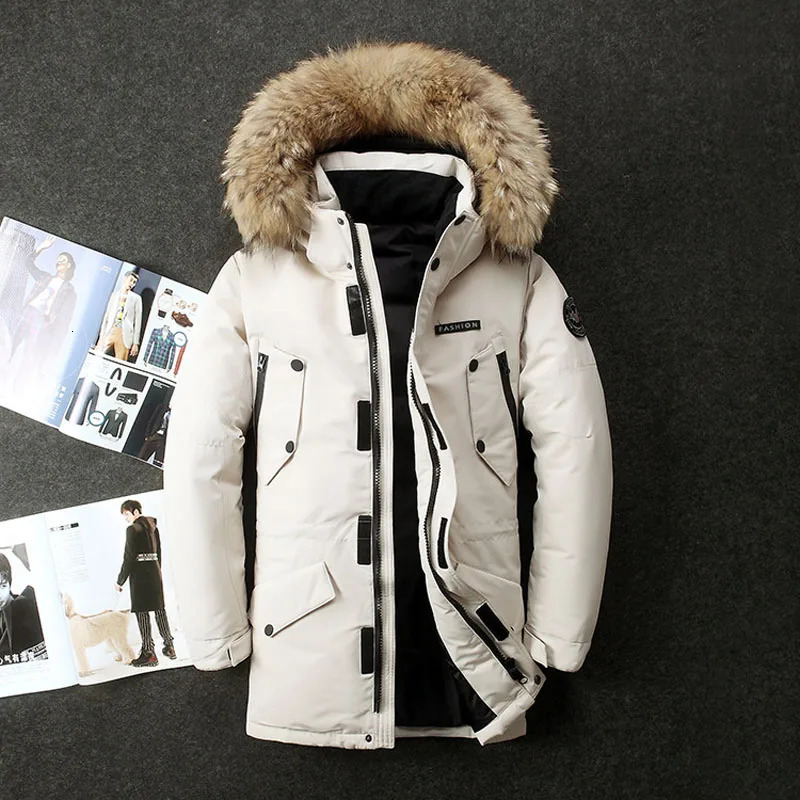 High quality mens winter white duck long down jacket with hooded fur collar mens outdoor windproof thick warm casual jacket 241030