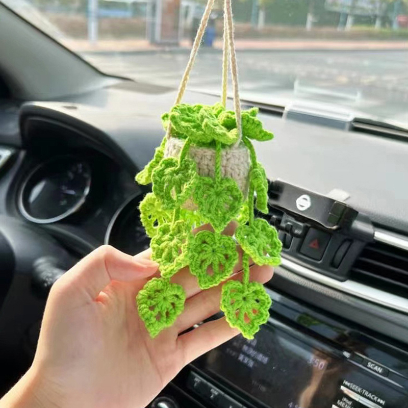 New 1Pcs Mirror Hanging Accessories Handmade Knitted Woven Finished Crochet Potted Plant Rear View Decor Car Interior Ornaments