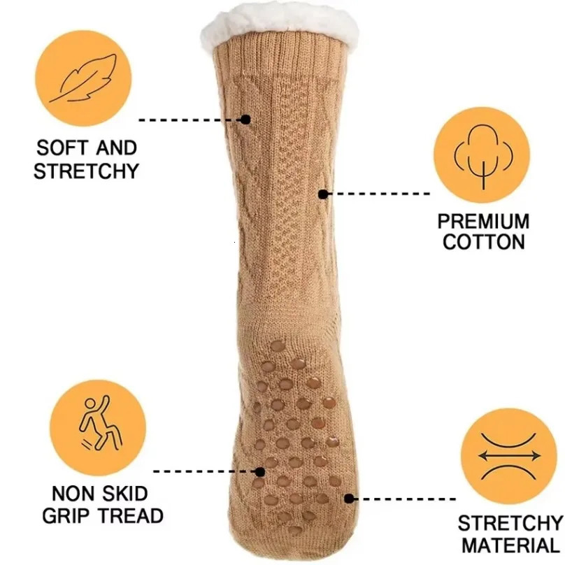 Womens Thermal Fuzzy Sock Comfy Floor Winter Sleeping Soft Female Plush Non Slip Grip Silicone Fur Ball Short Slippers Sock Home 241031