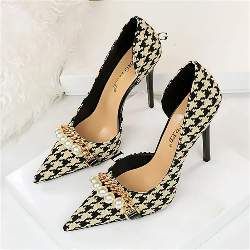 Women 7.5cm 11cm High Heels Pumps Sexy Pointed Toe Bigtree Heels Lady Pearl Metal Chain Scarpins Stiletto Zebra Plaid Shoes 241030