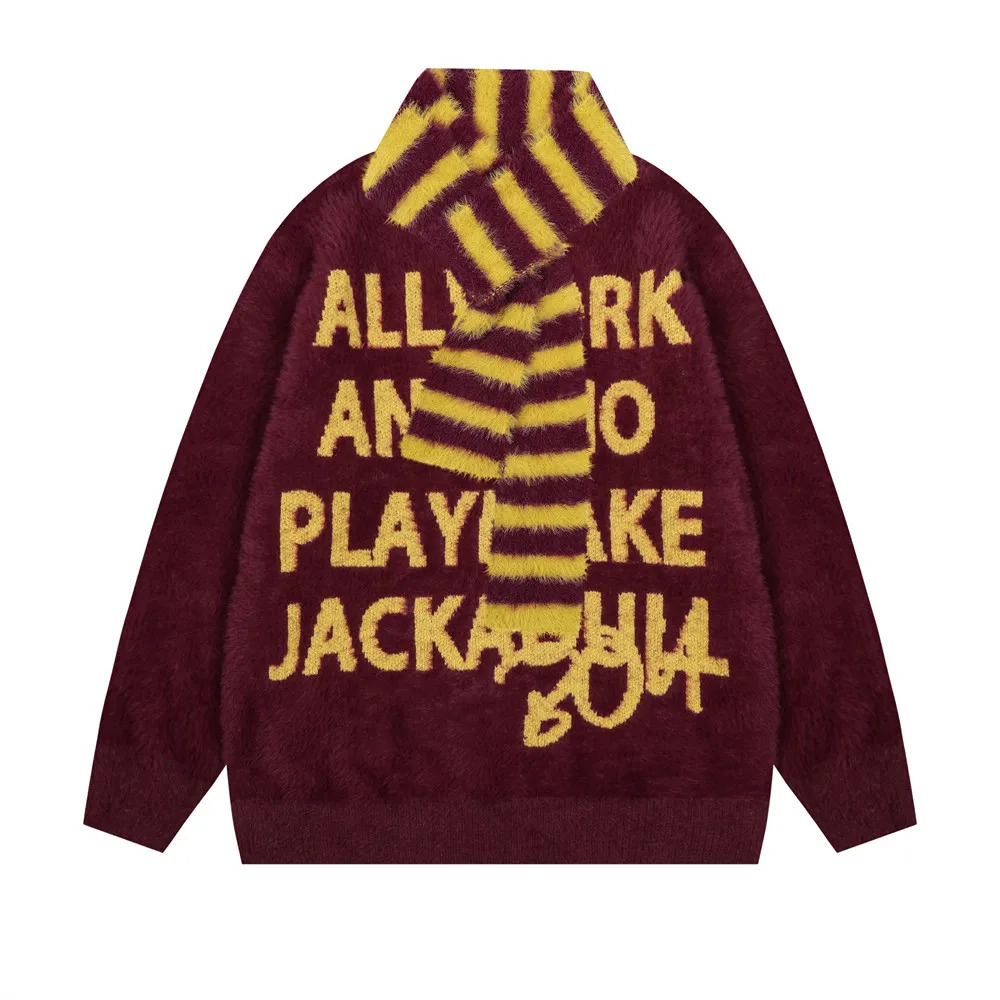 Autumn and Winter Thick Mink Letter Jacquard Round Neck Sweater with Scarf Mens Trendy Mohair Casual Knitted 241031
