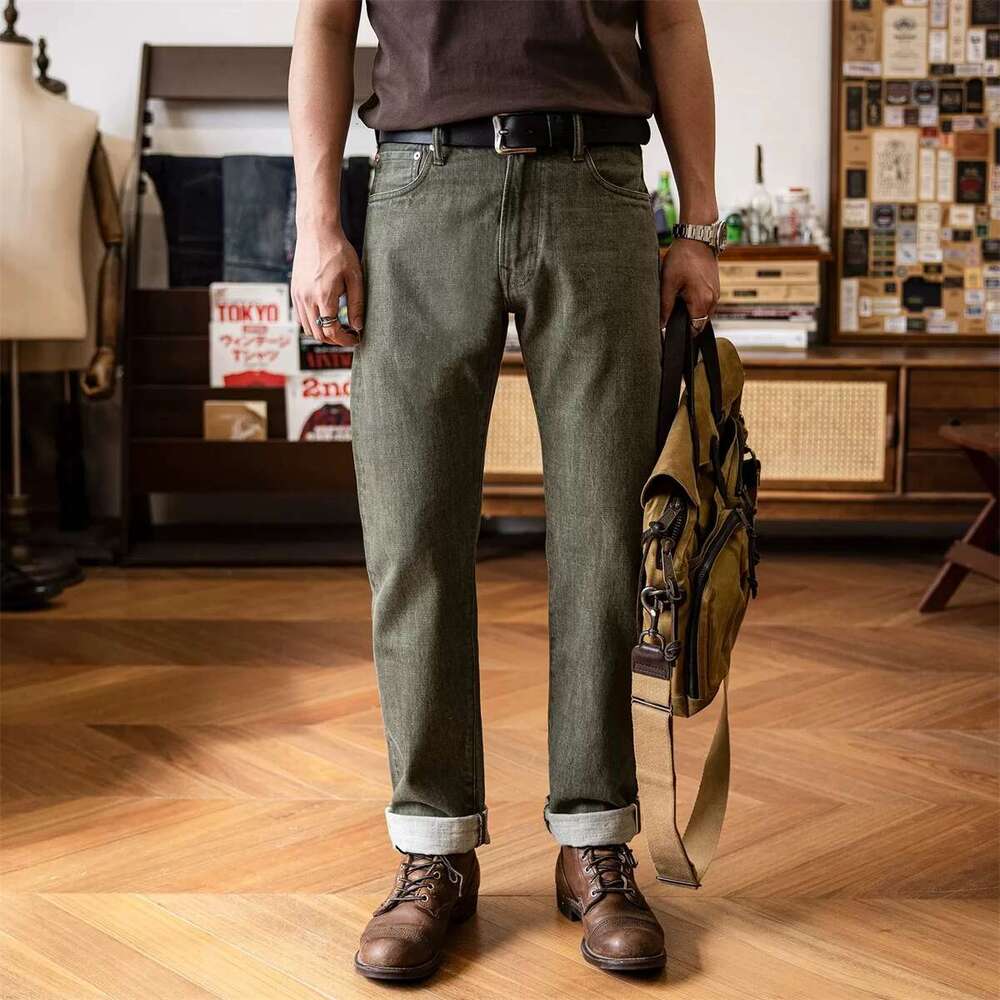 Tornado Men's Regular Straight Fit Jeans In Green Red Style Seage Denim Pants