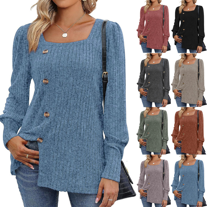 Designer's autumn and winter new item with buckle square collar long sleeved solid color t-shirt women's clothing