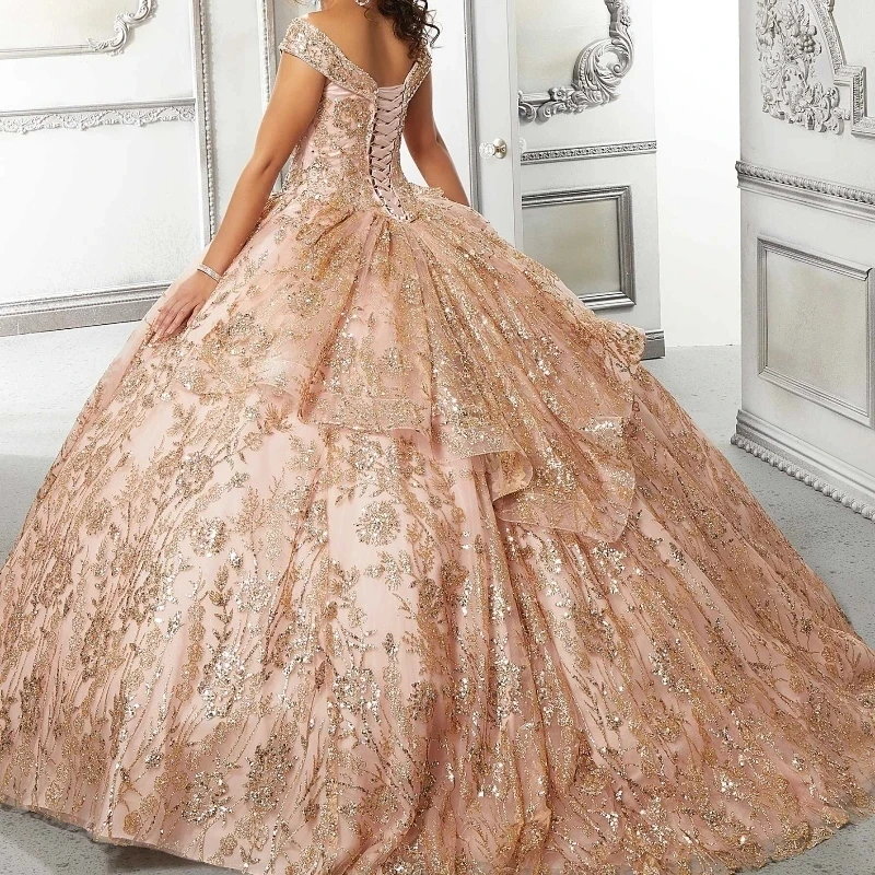 Rose Gold Shiny Ball Gown Quinceanera Dresses Sequin Appliques Lace Beads Tull Off Shoulder Sweet 16 Years Vestidos 15 De XV Anos