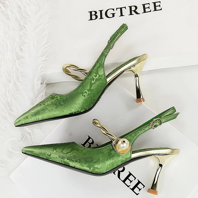 2024 Ethnic Style Women Pumps Silks Satins High Heels Pointed Hollow Women Sandals Metal Heel Kitten Heels Sexy Party Shoes 241031