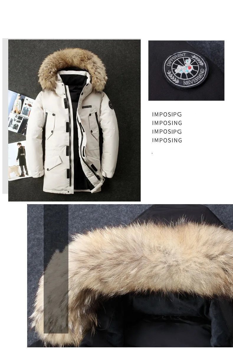 High quality mens winter white duck long down jacket with hooded fur collar mens outdoor windproof thick warm casual jacket 241030