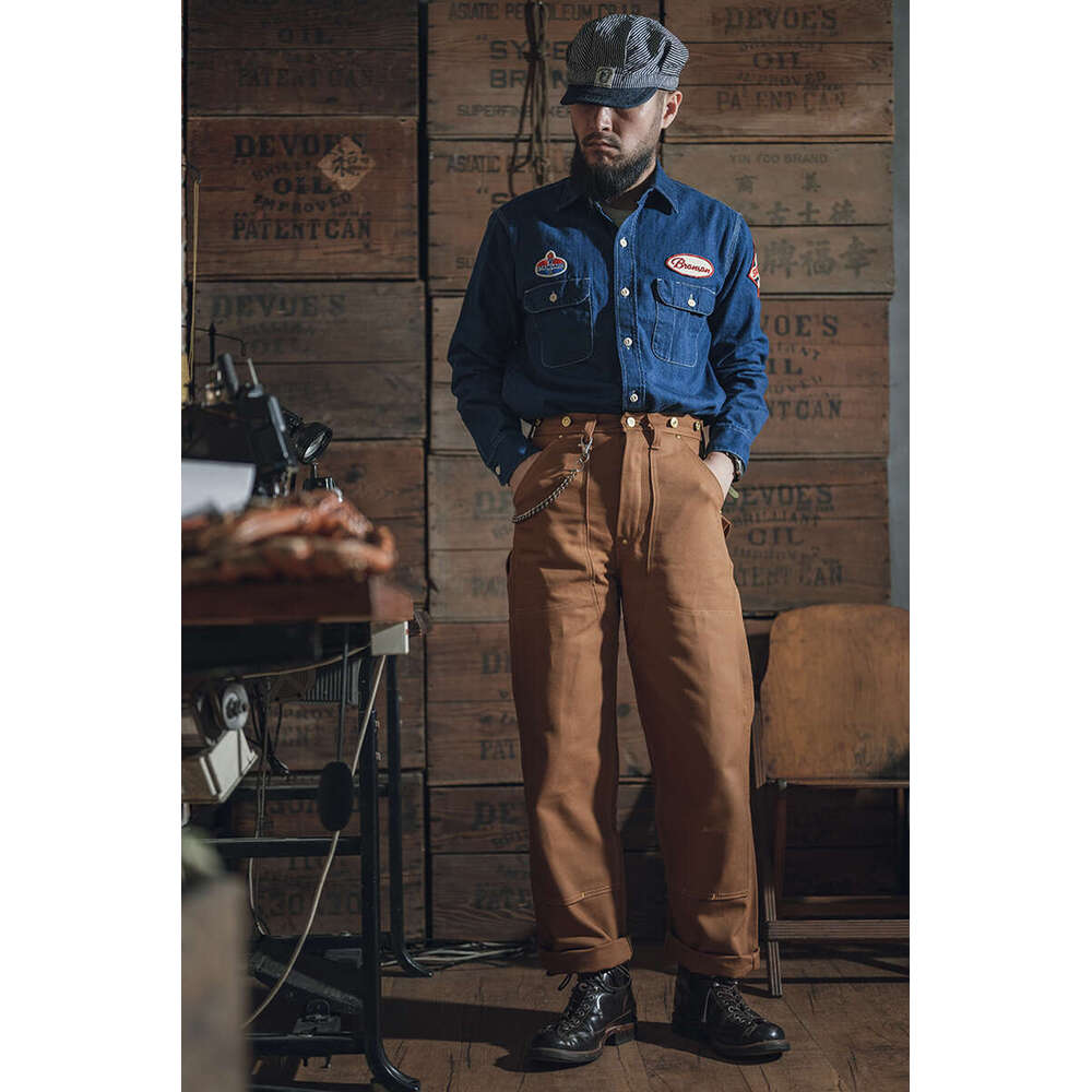Bronson Double Knee Work Pants High Waist Vintage Red Style Canvas Trousers Men