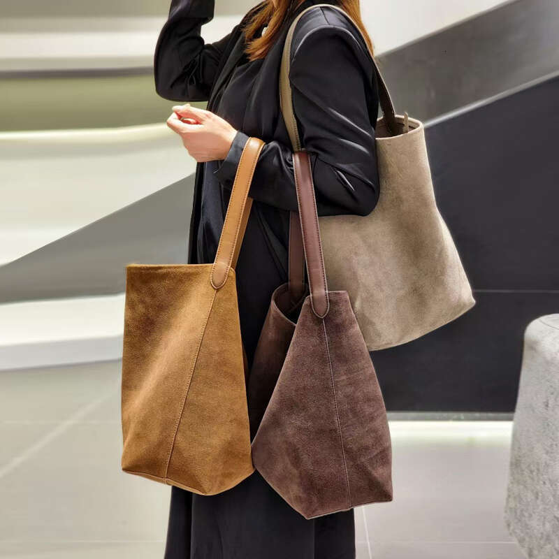 Suede Genuine Lady Tote Underarm Shoulder Bag,High End New In Large Capacity Cow Leather Bucket Handbag For Women