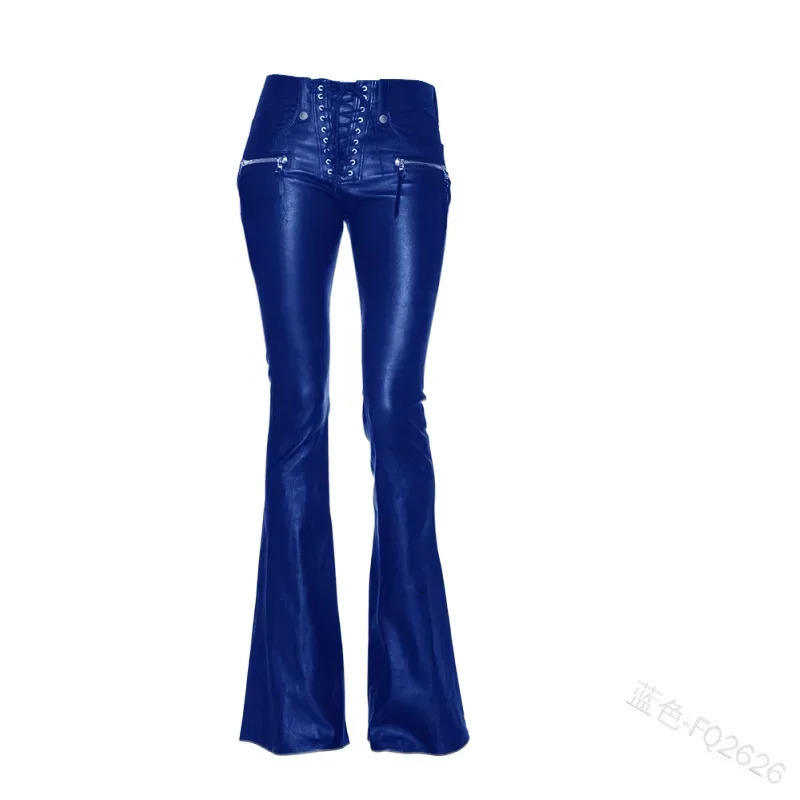 Women Leather Pants Punk Rock Sexy Bandage Motorcycle Leather Pants Tight High-waist Lace Up Bodycon Flare Trousers 241031