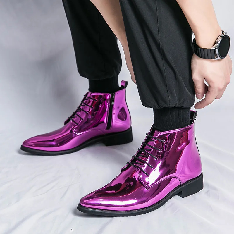 sparkling mens boots fashionable purple mens high top wedding shoes mens Pointed zipper mens social shoes large size 47 241031