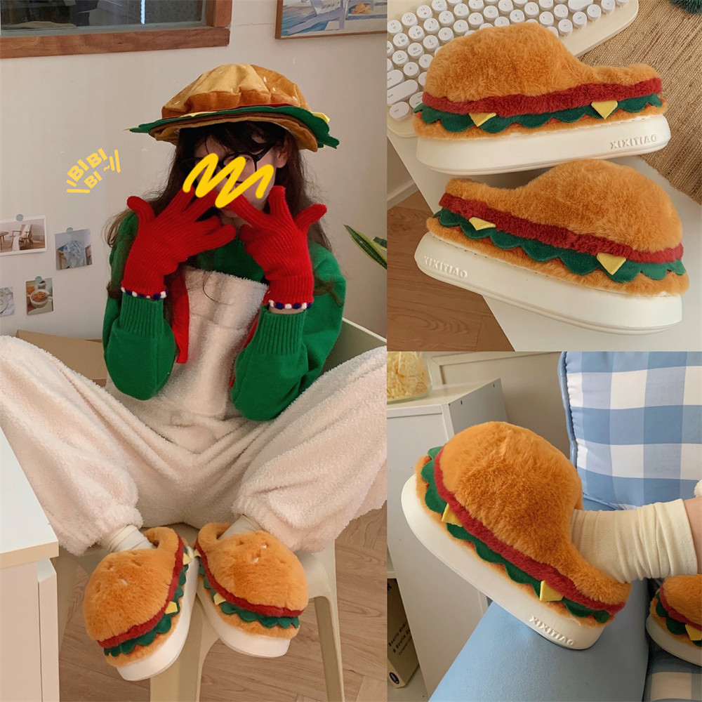 Women winter personality funny hamburger fluffy cotton slippers home bedroom warm and interesting shoes in winter