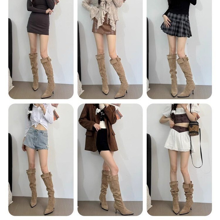 2024 autumn and winter new fashionable and versatile, slimming pile boots, pointed thin heels, high heels, high-heeled boots for women