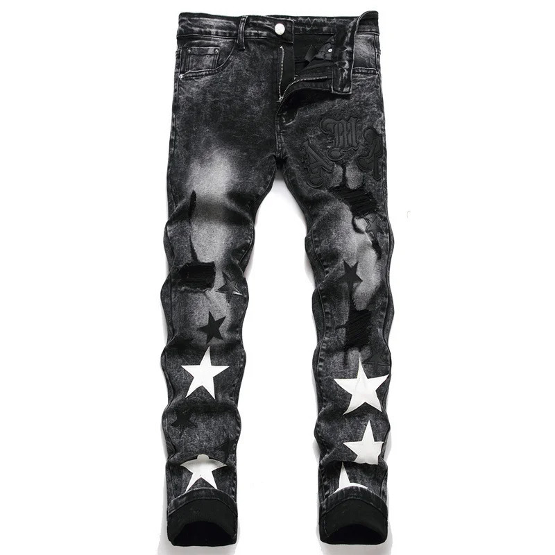 Slim Fit Elastic Black Cotton Embroidered Leather Label With Broken Hole Star Fashion Mens Jeans 241024